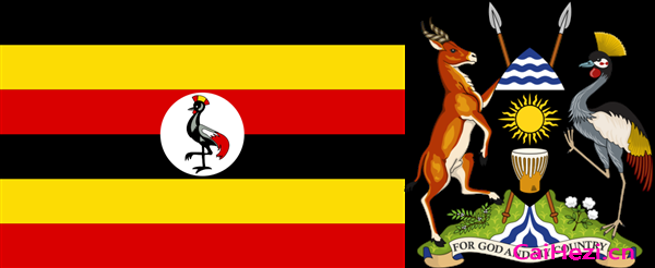 乌干达的国旗与国徽，及其之上的国鸟——皇冠鹤。图/Wiki Commons